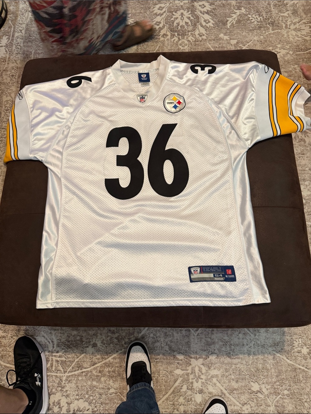 Reebok White Pittsburgh Steelers #36 Football Jersey with Yellow Sleeve Stripes